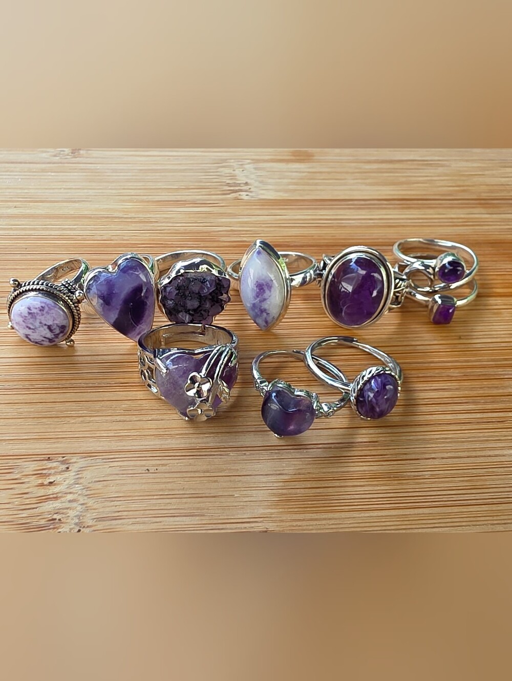 10 Piece 925 & Plated Purple Amethyst Heart Gemstone Ring Collection Lot Bundle